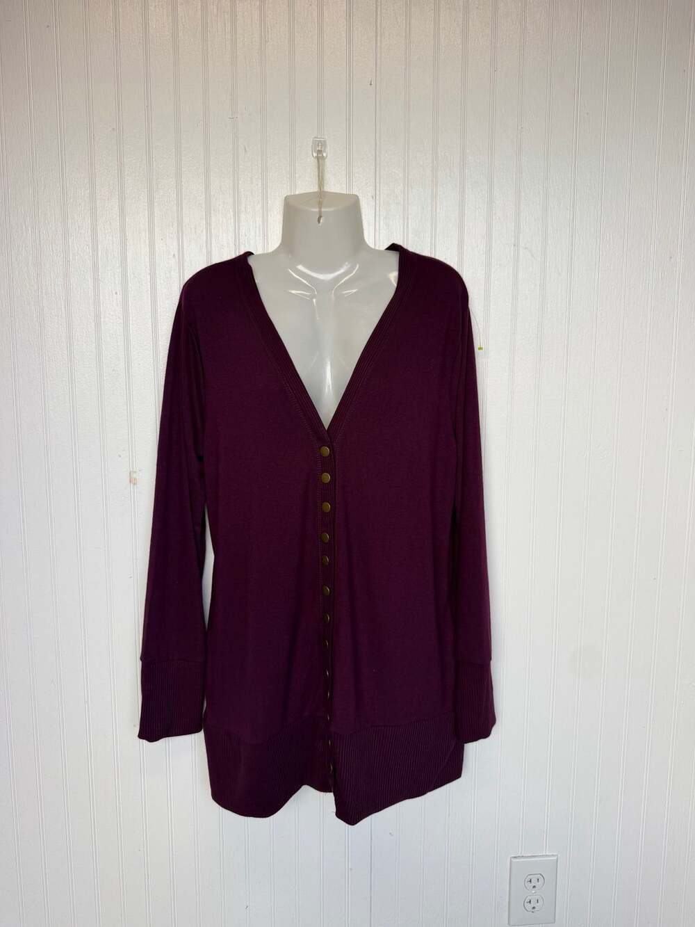 Zenana Deep Plum Purple Snap Front Longline V-Neck Cardigan Sweater 1X